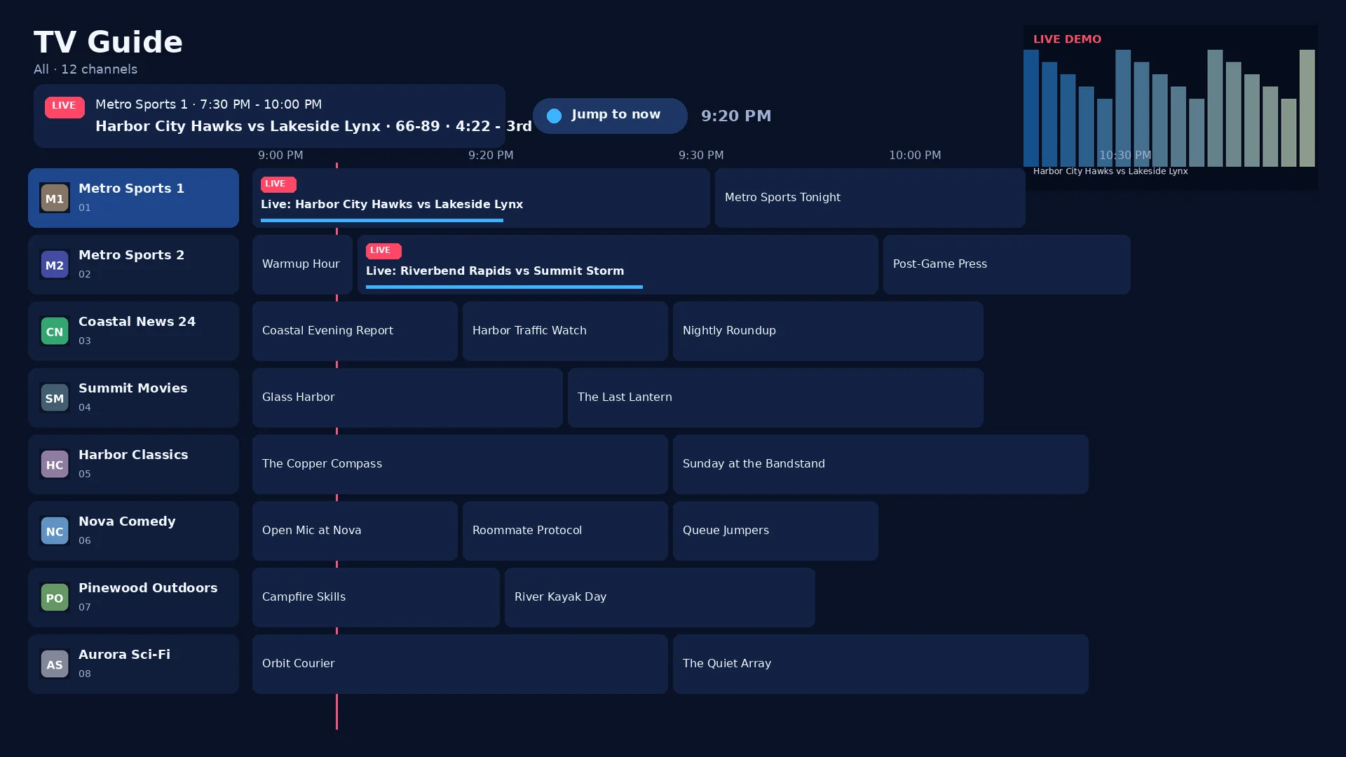TYTV TV Guide with made-up demo channels like Metro Sports 1