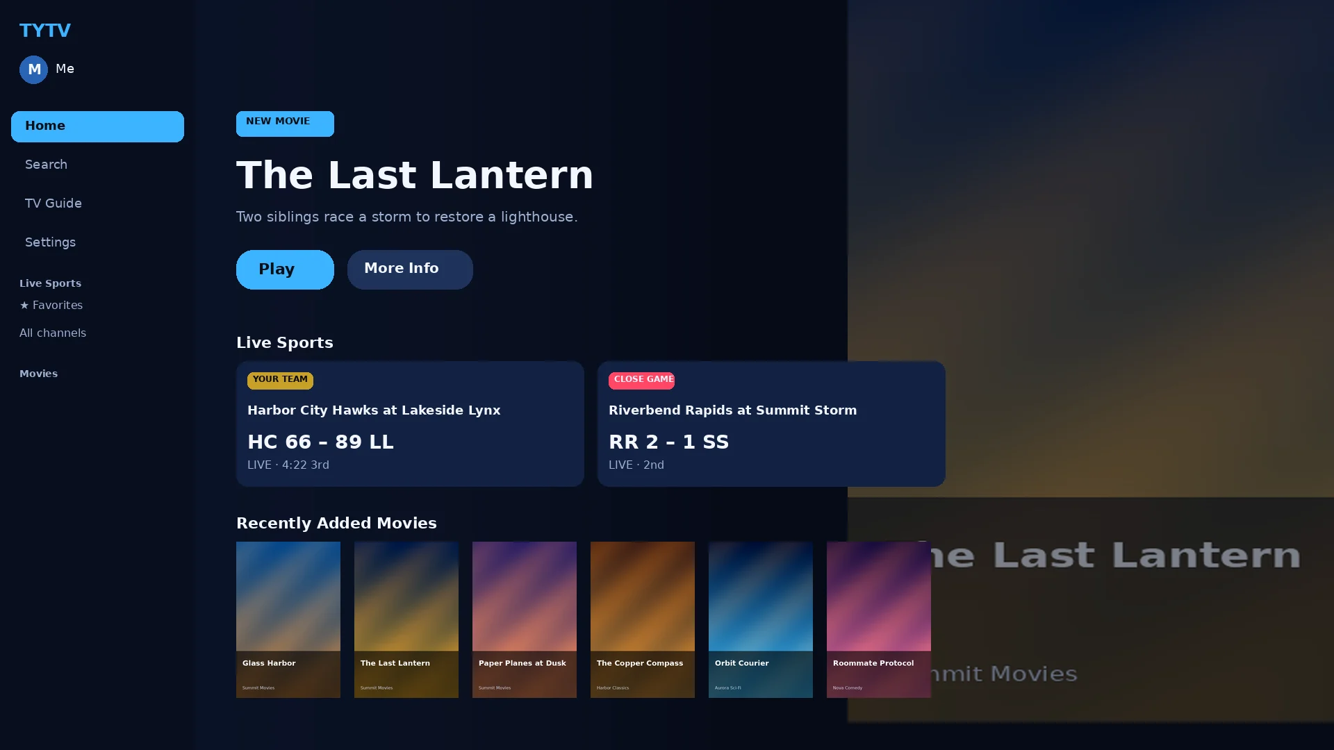 Featured home with made-up movie The Last Lantern and demo sports