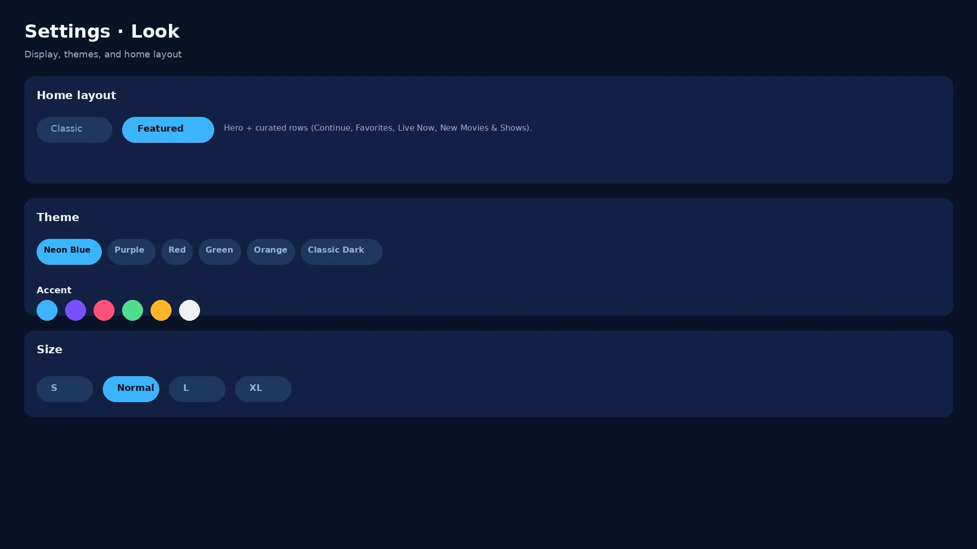 Settings Look with Featured layout and Neon Blue theme